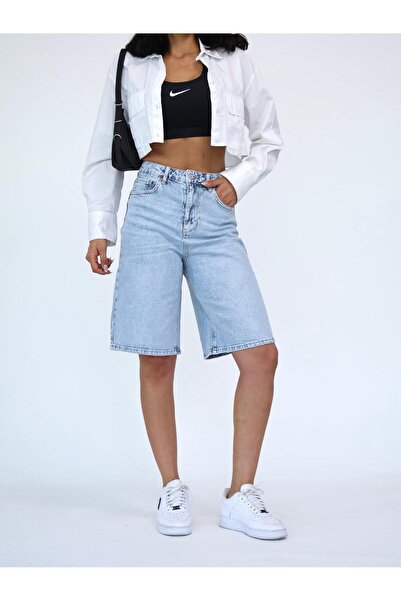 Zeo Basic شورت جينز ليكرا أزرق ثلجي متوسط ​​الطول للنساء