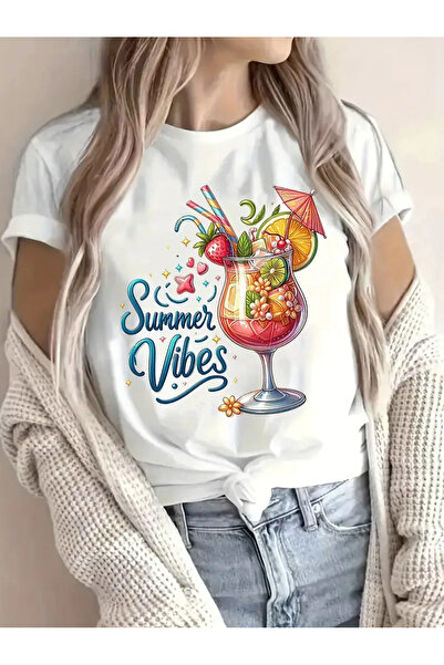 CLASİVA تي شيرت برقبة دائرية كبيرة الحجم مطبوع عليه كوكتيل حديث للجنسين