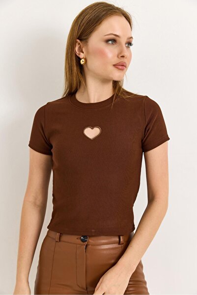 Raneel Kazançlı Alışveriş Heart Detailed Ribbed Knitted Blouse Brown