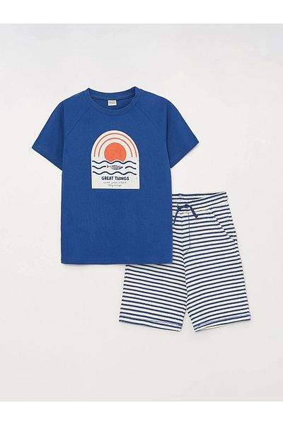 LC Waikiki Lcw Kids Blue Crew Neck Printed Short Sleeve Boys T-Shirt and Bermuda