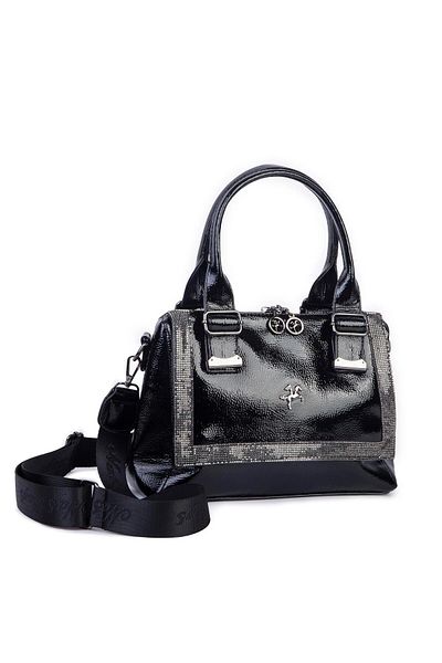 Nas Bag Geantă de umăr și crossbody Stone elegantă pentru femei din piele lacuită neagră