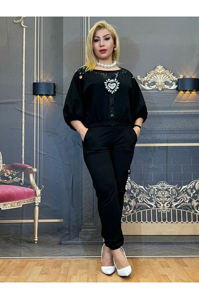 Yeşilmoda Suit,Cotton,Elastic Waist,Pearl, Stone Embroidery,Lace Details,Pocket,Top and Bottom,Black,Heart Pattern