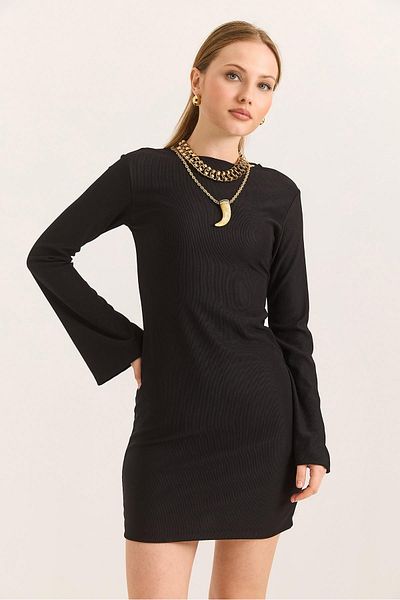 Raneel Kazançlı Alışveriş Turtleneck Backless Spaghetti Sleeve Black Dress