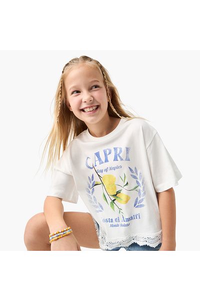 Juniors Graphic Print Crew Neck T-shirt with Lace Trim