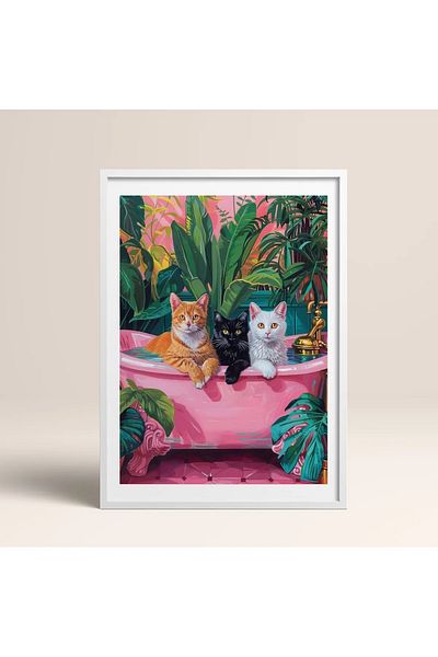 hediyenebak Single Wooden Framed Painting Cat Family One Piece Poster Painting