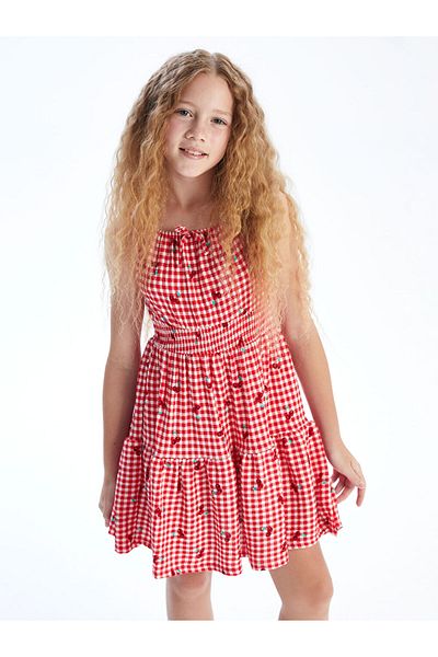 LC Waikiki Red Square Collar Plaid Girl's Dress