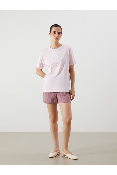LC Waikiki Pink Textured Muslin Women's Shorts with Elastic Waist