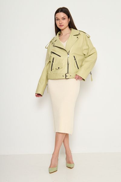 By Marki Marki Women's Genuine Jumbo Leather Jacket – Biker Style, Belted, Oversized, Epaulettes, 65 Cm, Water Green - 116622X