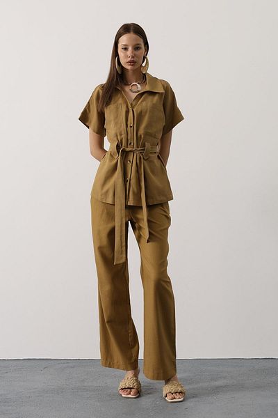 Le Savu Shilsee Women's Belted Pocket Detailled Tunic Pants Suit Fat Green
