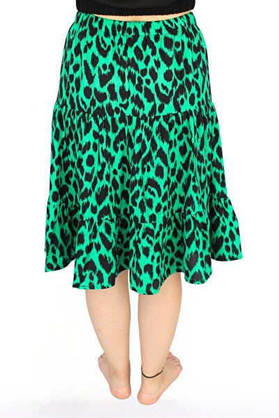MAKSEN TEKSTİL FUSTA SCURTĂ DE FEMEI DE LUNGIME MIDI DINȚEȚE DE VISCOSĂ LEOPARD VERDE