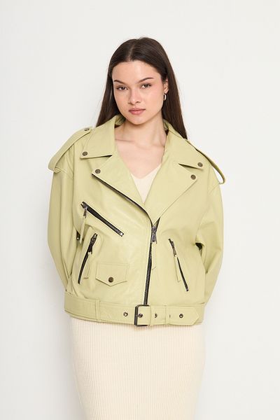 By Marki Marki Women's Genuine Jumbo Leather Jacket – Biker Style, Belted, Oversized, Epaulettes, 65 Cm, Water Green - 116622X