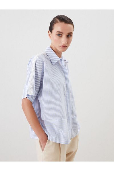 LC Waikiki Ecru Striped Lace Detailed Oversize Women's Shirt