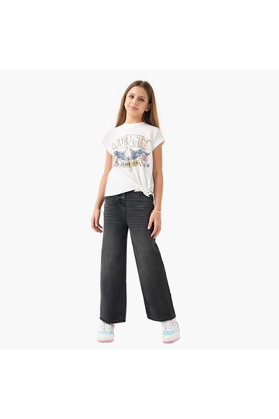 Juniors Graphic Print T-shirt with Short Sleeves and Knot Detail