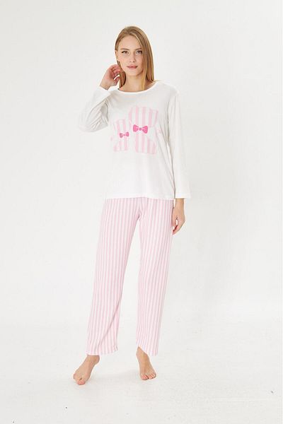 Pajama Shop Women's 100% Cotton White Cat Pattern Six Pink Stripes Long Sleeve Crew Neck Pajama Set