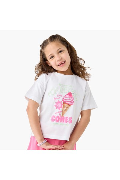 Juniors Graphic Print Crew Neck T-shirt with Short Sleeves