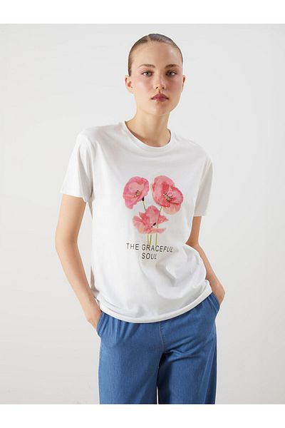 LC Waikiki Ecru Crew Neck Floral Printed Women's T-Shirt