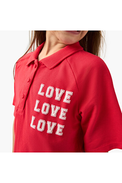 Juniors Typographic Print Polo T-shirt with Short Sleeves