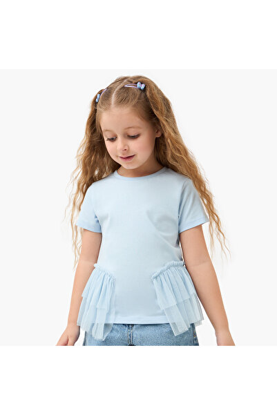 Juniors Solid Top with Tulle Detail and Short Sleeves