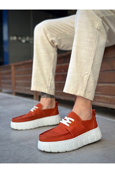 pabucmarketi Lace-Up Linen Men's Casual Shoes Orange (White Sole)