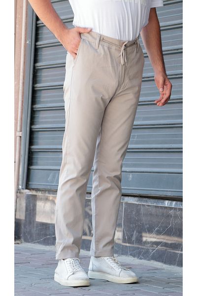 Osyday Men's Cream Color Summer Thin Fabric Slim Fit Trousers with Elastic Waist, Laces and Buttons, Zipper