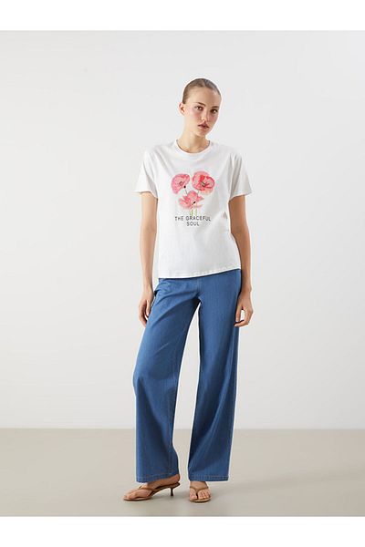 LC Waikiki Ecru Crew Neck Floral Printed Women's T-Shirt