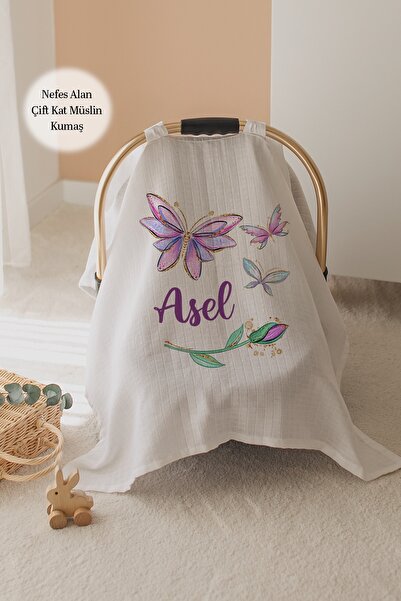 Lilabio %100 Pamuk İsme Özel Çift Katlı Müslin Puset Örtüsü - Mor Çiçekler