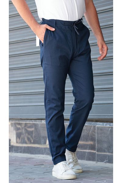 Osyday Men's Navy Blue Summer Thin Fabric Slim Fit Trousers with Elastic Waist, Laces and Buttons, Zippered