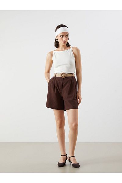 LC Waikiki Brown Waist Belted Linen Blend Women's Shorts