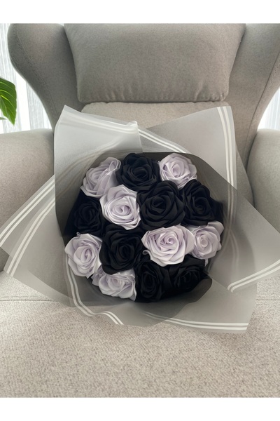 Baalaa Yapay çiçek buketi-14 adet kurdeleden gül-Sevgiliye hediye-Siyah beyaz güller