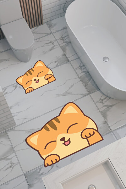 THEMODERNHANE Επιτραπέζιο χαλάκι μπάνιου με σχέδιο γάτας, αντιολισθητική βάση, πλένεται στο πλυντήριο, ψηφιακή εκτύπωση, σετ 2 τεμαχίων