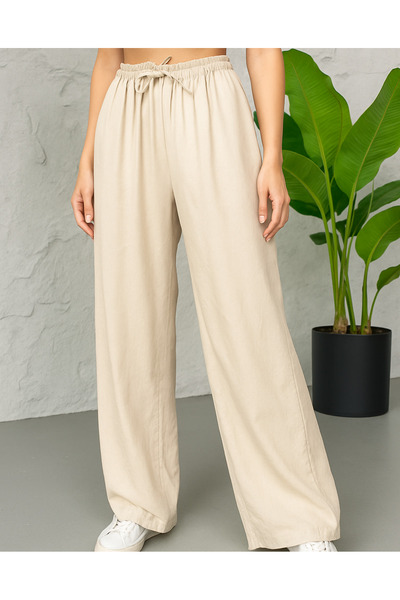 VAZIRADK بنطلون قماش أبيض بخصر مطاطي