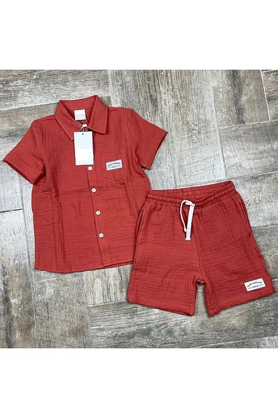 gnygiyim Boy's Summer Shirt Shorts Set Muslin Fabric