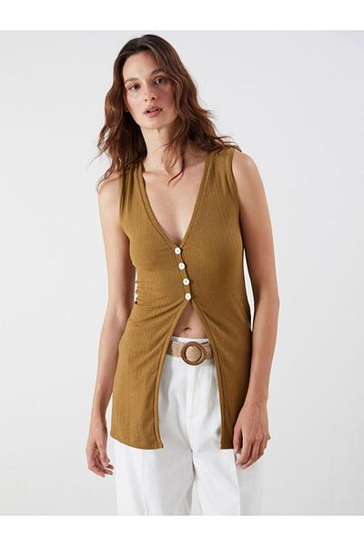 LC Waikiki Brown V-Neck Textured Women's Vest
