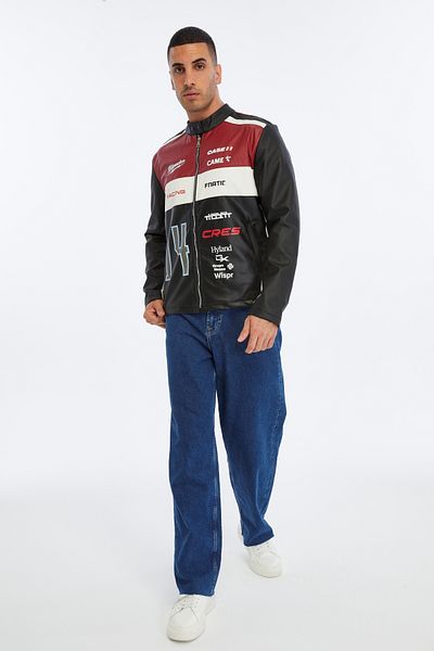 CHOS7N Men's Oversize Striped Printed Leather Jacket Judge Collar Bomber Biker Coat Racer Jacket