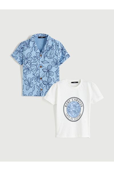 LC Waikiki Blue Printed Boys' Shirt and T-Shirt 2 Pack