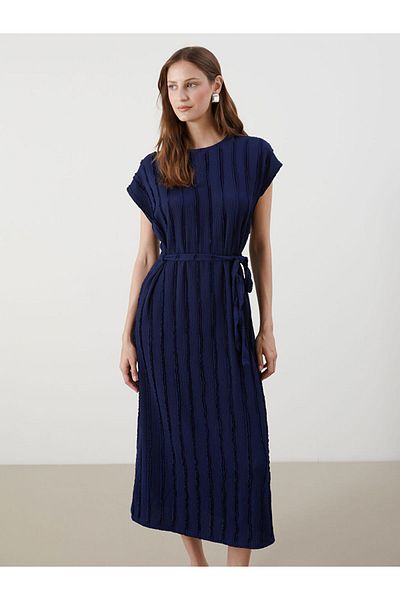 LC Waikiki Navy Blue Crew Neck Textured Dress
