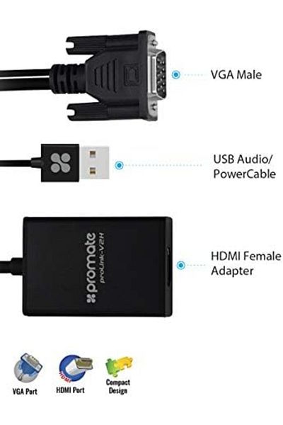 Promate محول VGA إلى HDMI بدقة 1080 بكسل عالية الدقة مع دعم الصوت للتلفزيون AV HDTV، ProLink-V2H