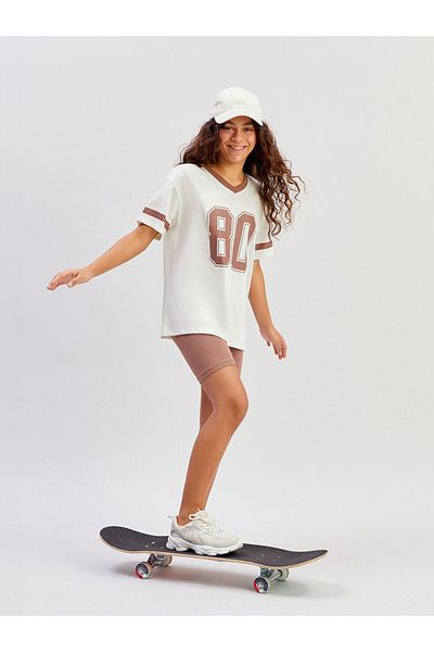 LC Waikiki Ecru V-Neck Girl's T-Shirt and Leggings
