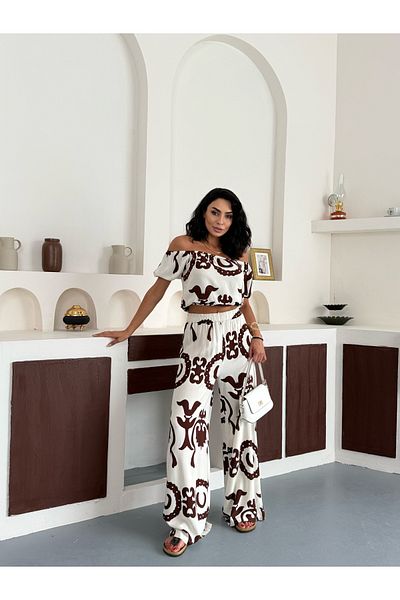 NEVVARE Women's Patterned Crop Wide Leg Pants Bottom Top Suit