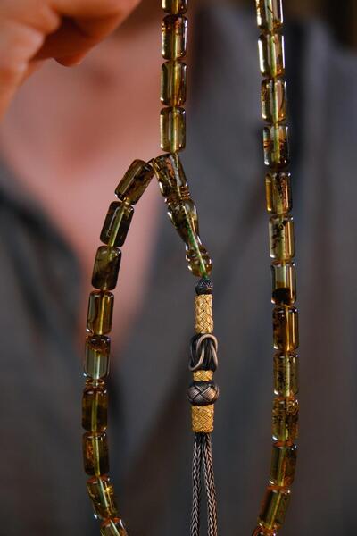 dergah tesbih Gümüş Kazaz Tasarım Yerli Usta El İşçiliği Fosilli Dominik Damla Kehribar Tesbih (Amber), (مسبحة قطر