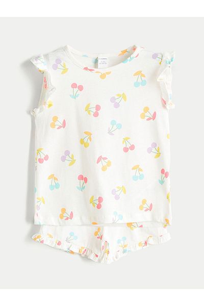 LC Waikiki Ecru Printed Girl's T-Shirt and Shorts 2-Piece