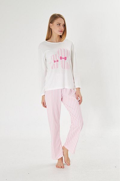 Pajama Shop Women's 100% Cotton White Cat Pattern Six Pink Stripes Long Sleeve Crew Neck Pajama Set