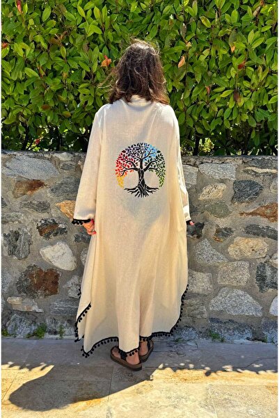 Satori Design Hayat Ağacı Temalı El Boyama Müslin Kimono Plaj Elbisesi Pareo