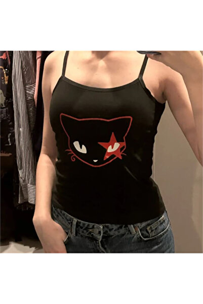 Köstebek Siyah Red Eye Cat Face Askılı Crop