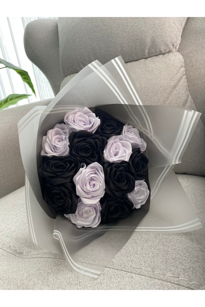 Baalaa Yapay çiçek buketi-14 adet kurdeleden gül-Sevgiliye hediye-Siyah beyaz güller