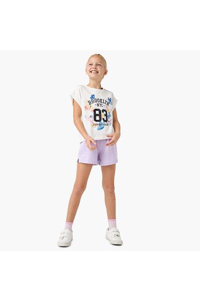 Juniors Graphic Print Crew Neck T-shirt with Extended Sleeves