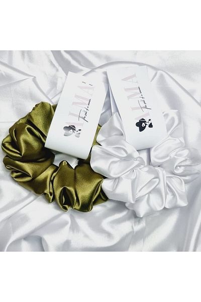 Alma Set 2 elastice de păr XL în satin, alb și verde măsliniu, Alma