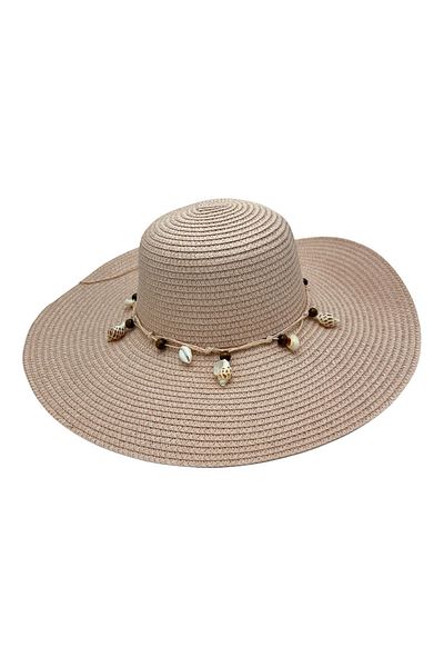 BaoBao Women's beach hat with shells - elegant summer accessory with decorative band, 100% polyester