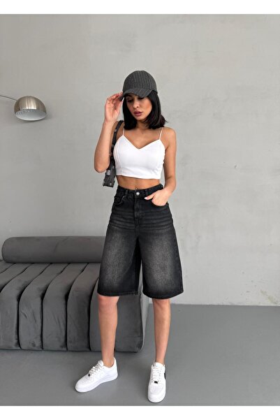 Zeo Basic Women's Midi Black Jeans Bermuda Shorts