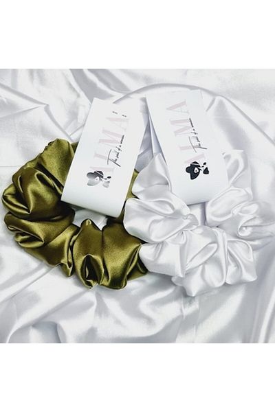 Alma Set 2 elastice de păr XL în satin, alb și verde măsliniu, Alma